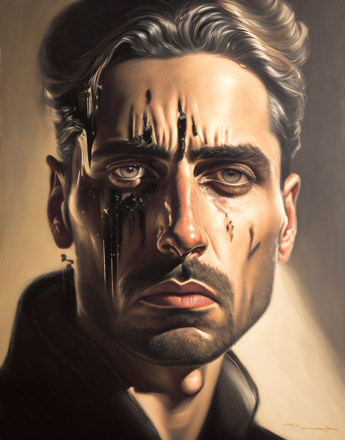 Hyperrealistic painting of man with melting, tear-like features depicting melancholy and transformation