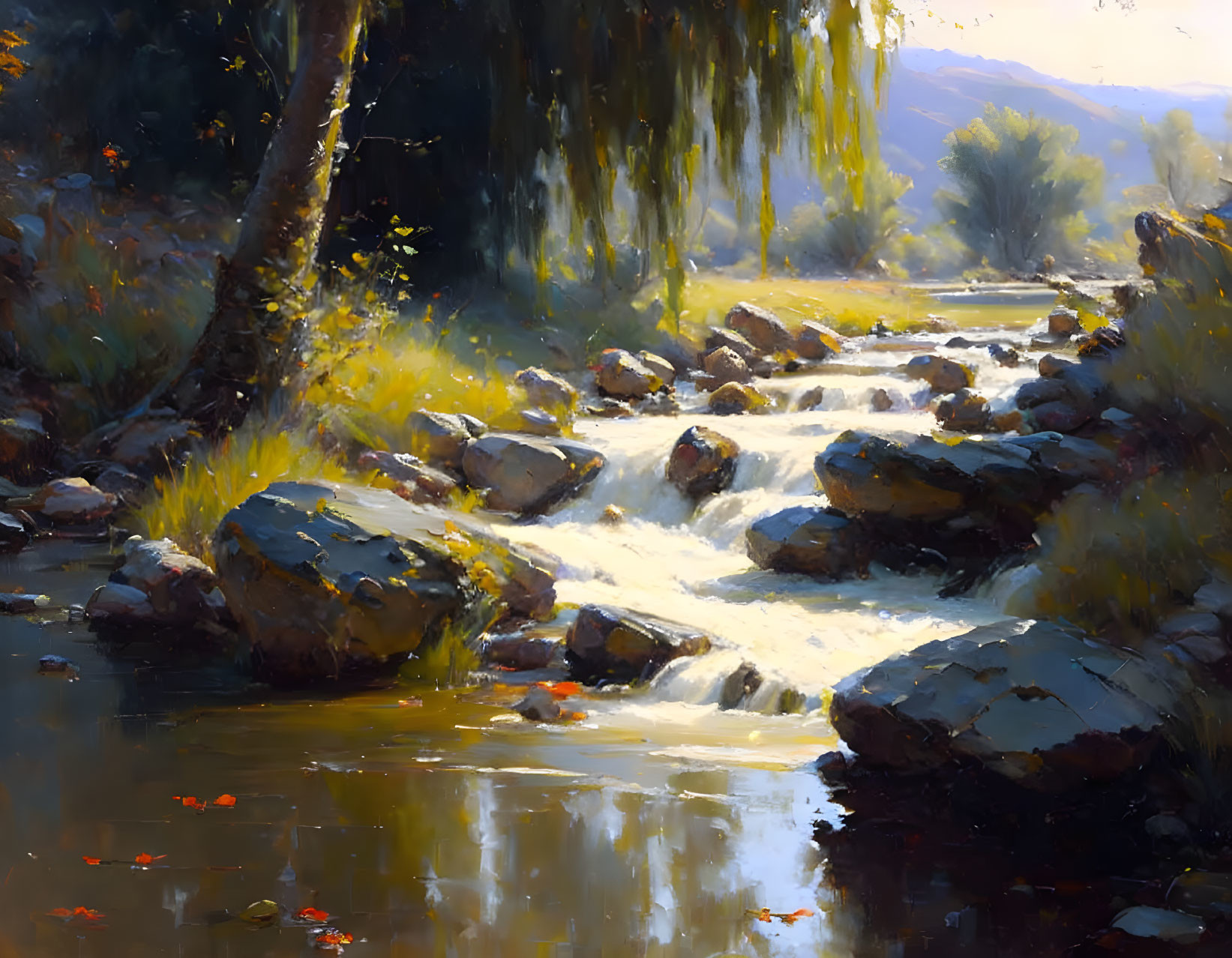 Tranquil landscape: sunlit stream, rocky bed, trees, hazy mountains