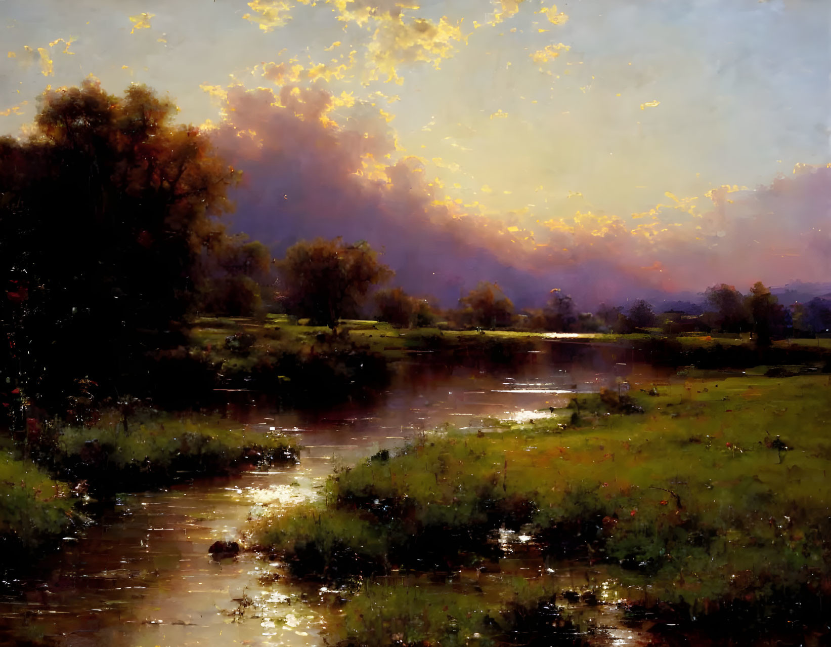 Tranquil landscape painting: river, lush fields, sunset sky