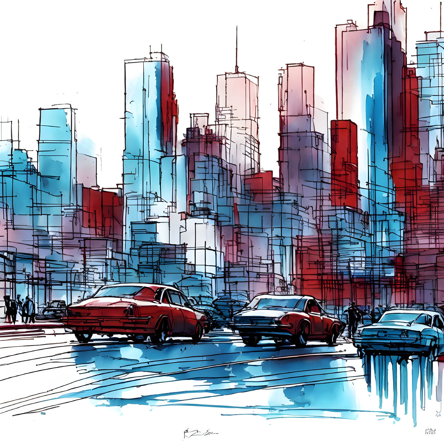 Colorful cityscape with stylized cars on street.