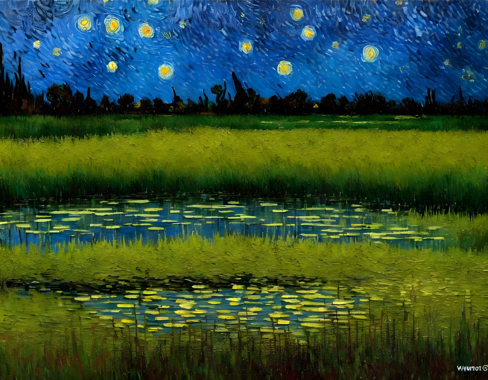 Starry Night Landscape with Moonlit River and Vibrant Brush Strokes