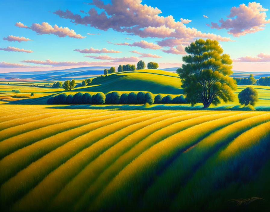 Golden Fields Landscape Painting with Green Tree and Shrubs