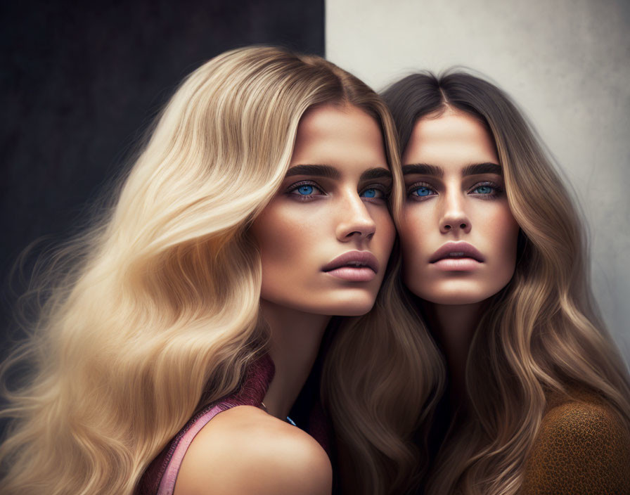 Two Women with Long Blonde Hair and Blue Eyes Against Neutral Background