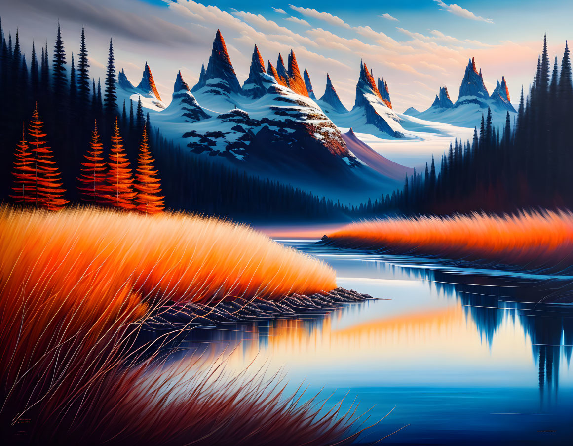 Colorful landscape painting: orange grass, blue lake, snow-capped mountains, sunset sky