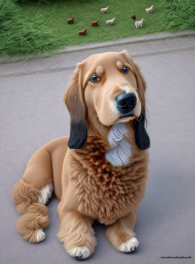 Fluffy brown and cream dog with human-like eyes in judge's wig fur, sitting on path with