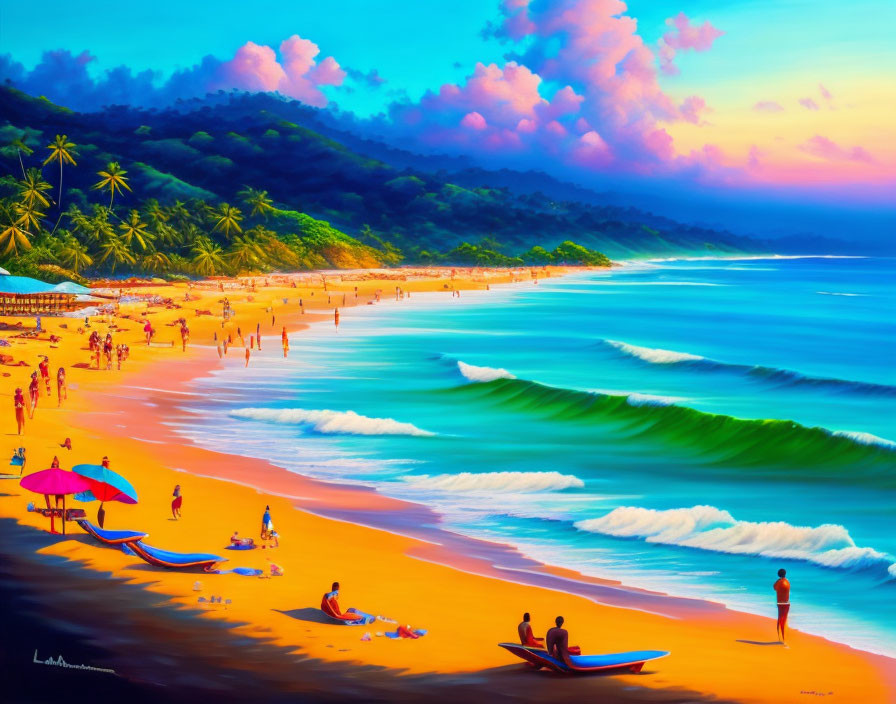 Colorful Beach Scene with People, Sky, and Hills