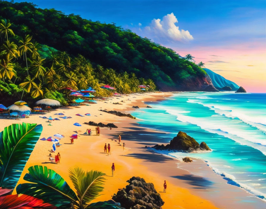 Tropical beach scene with palm trees, azure waters, umbrellas, and lush forest under colorful sunset