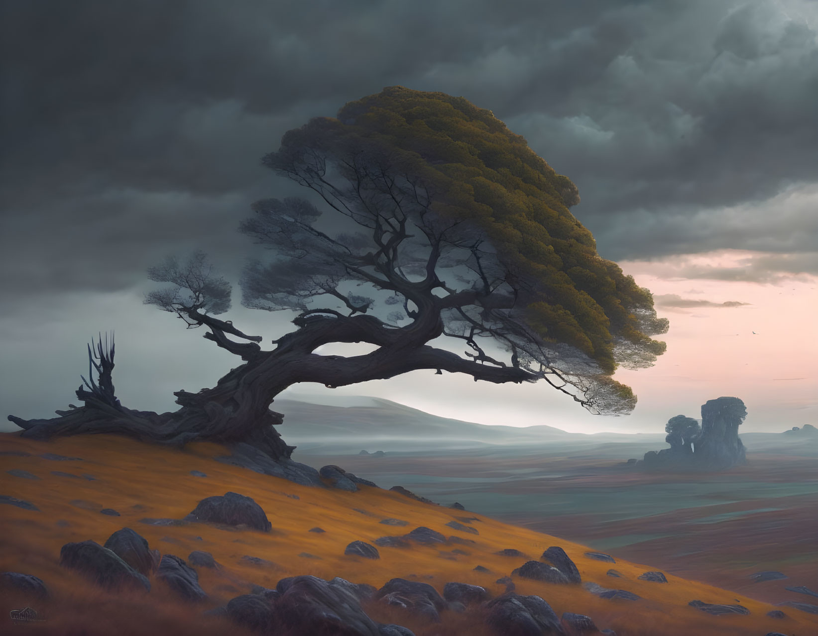 Twisted tree in surreal landscape under moody sky