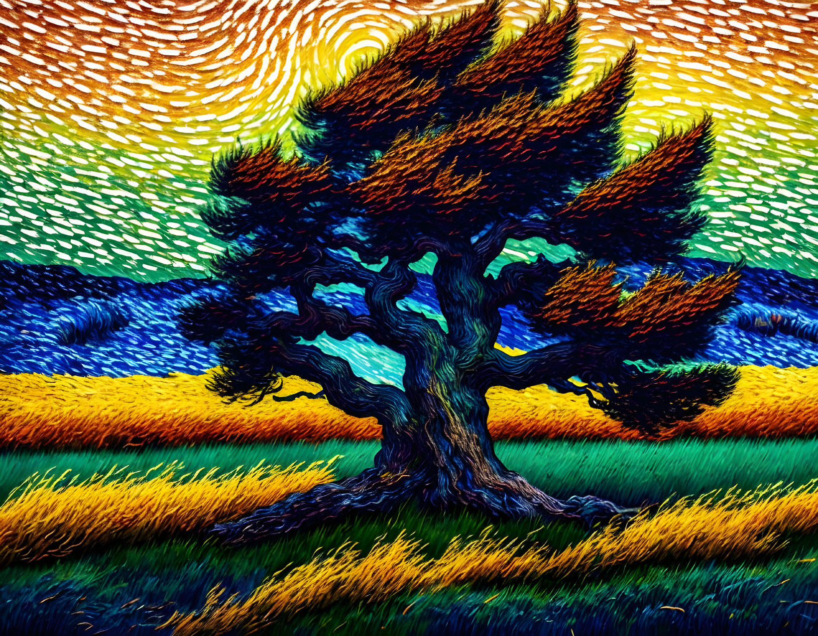 Colorful Impressionist Painting of Solitary Tree in Textured Landscape