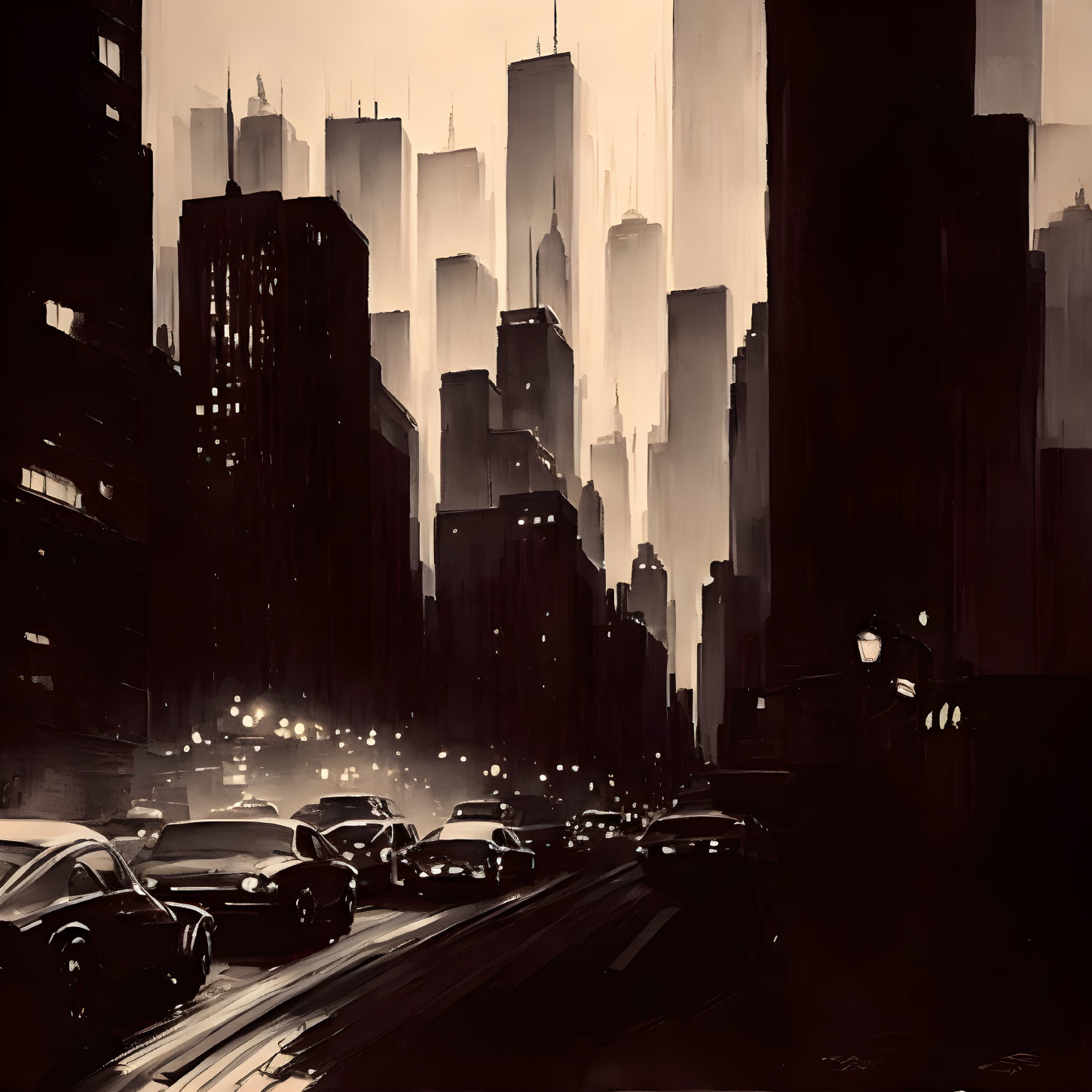 Sepia-Toned Dusk Cityscape with Silhouetted Skyscrapers and Illuminated