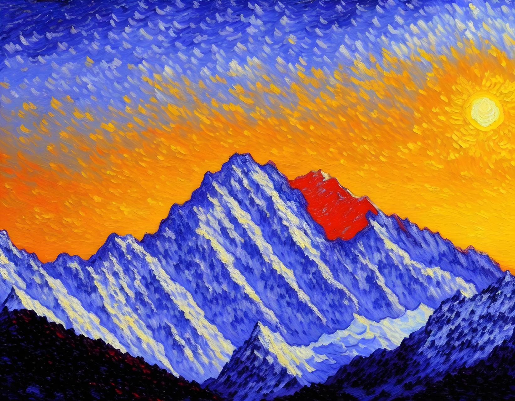 Colorful Van Gogh-style painting of mountain range under swirling blue sky and bright yellow sun