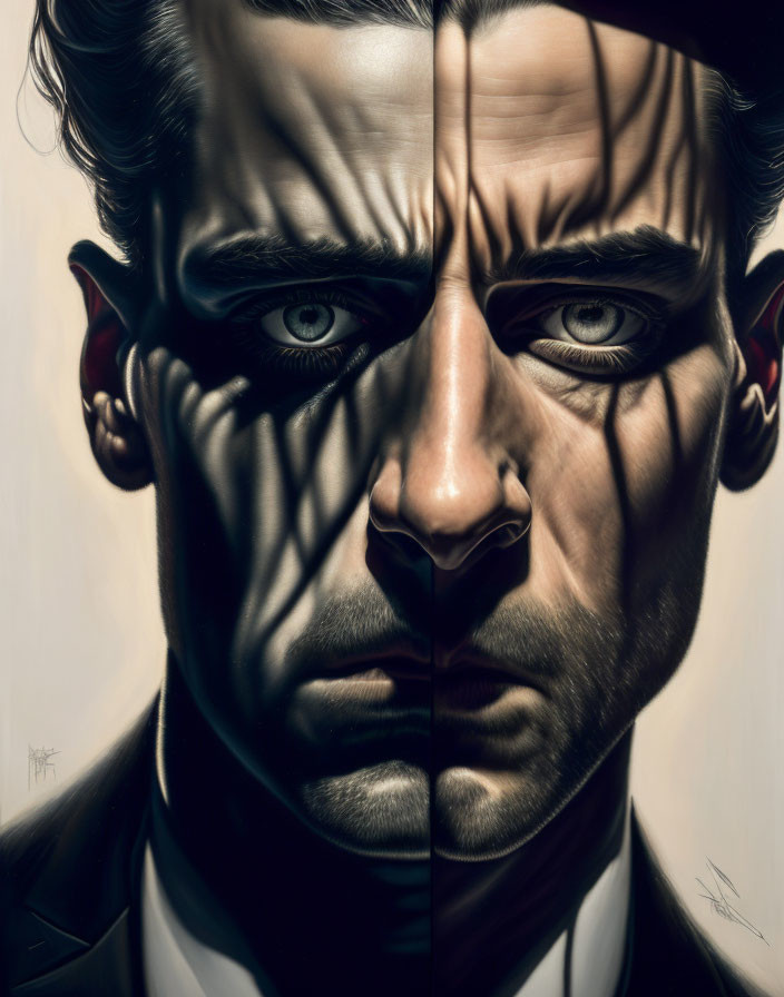 Hyperrealistic Digital Artwork of Man's Face with Dramatic Light and Shadow