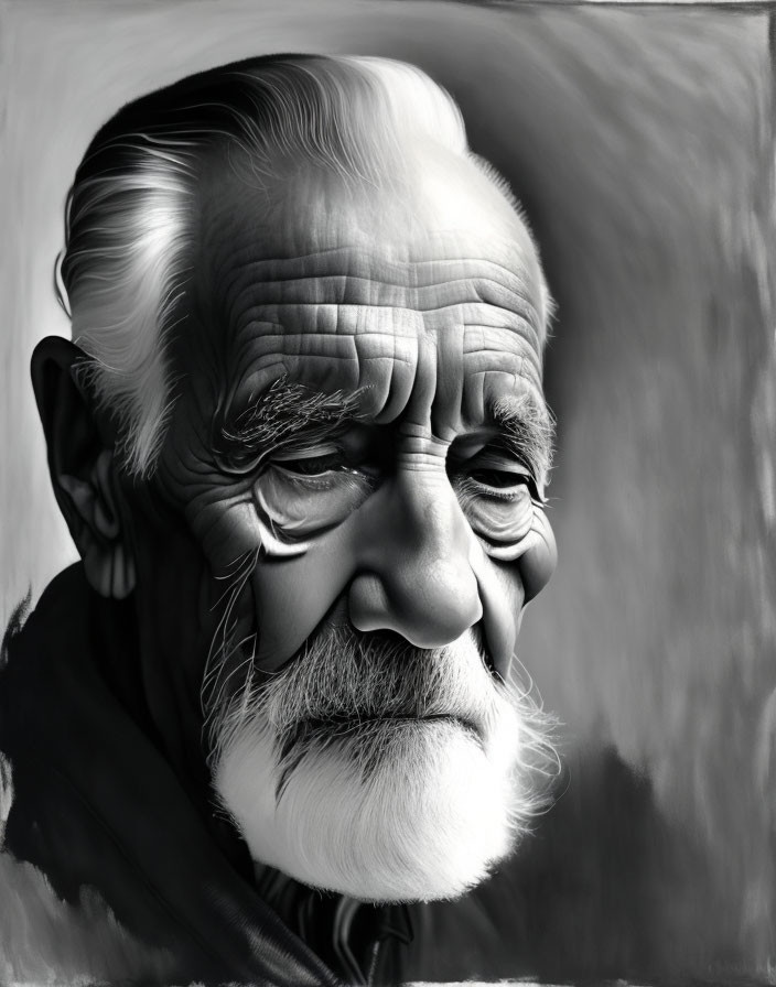 Detailed Black and White Portrait of Elderly Man with Deep-Set Eyes and Full White Beard