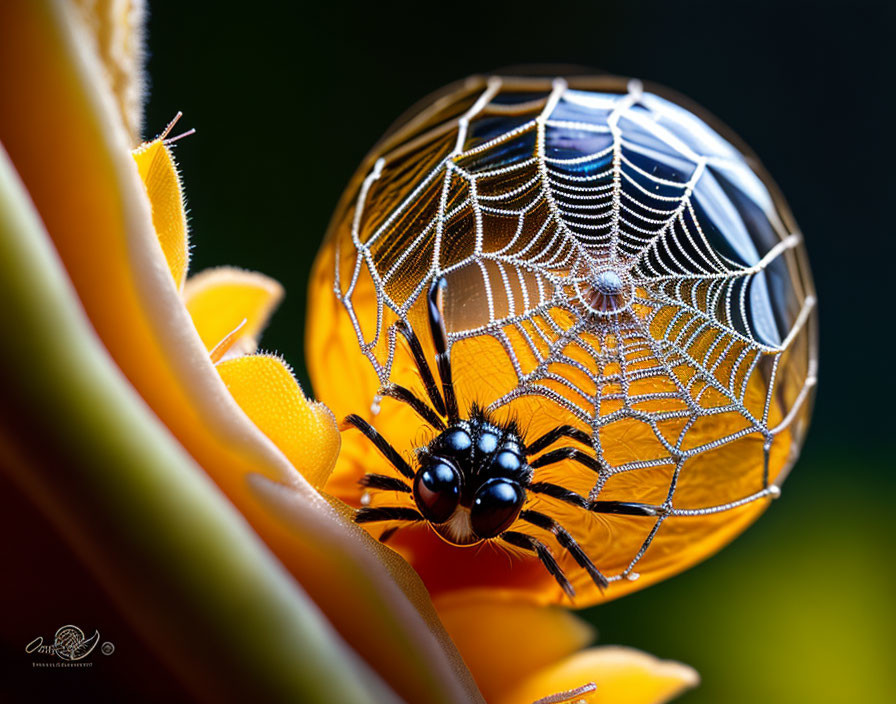 Spider on Orange Flower with Dew-Covered Web and Bokeh Background