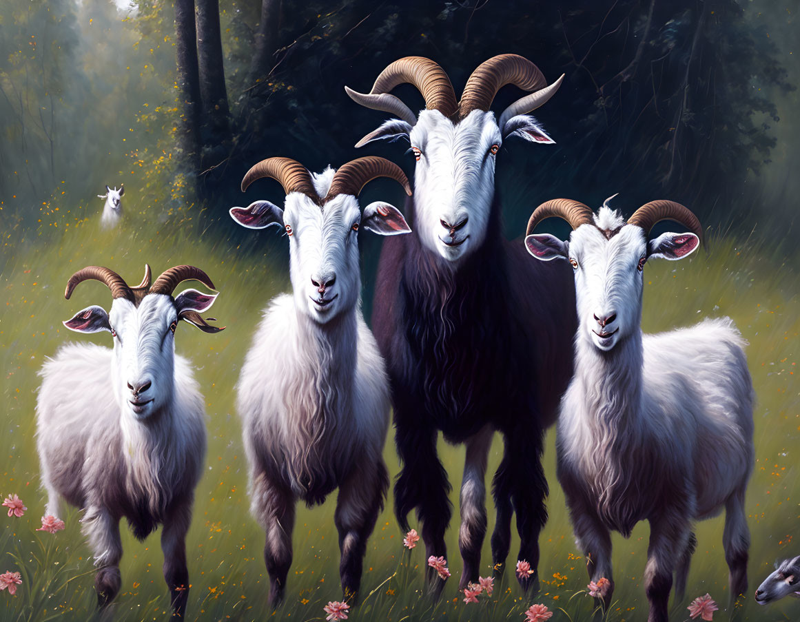 Five Goats with Prominent Horns in Sunlit Field with Flowers and Trees