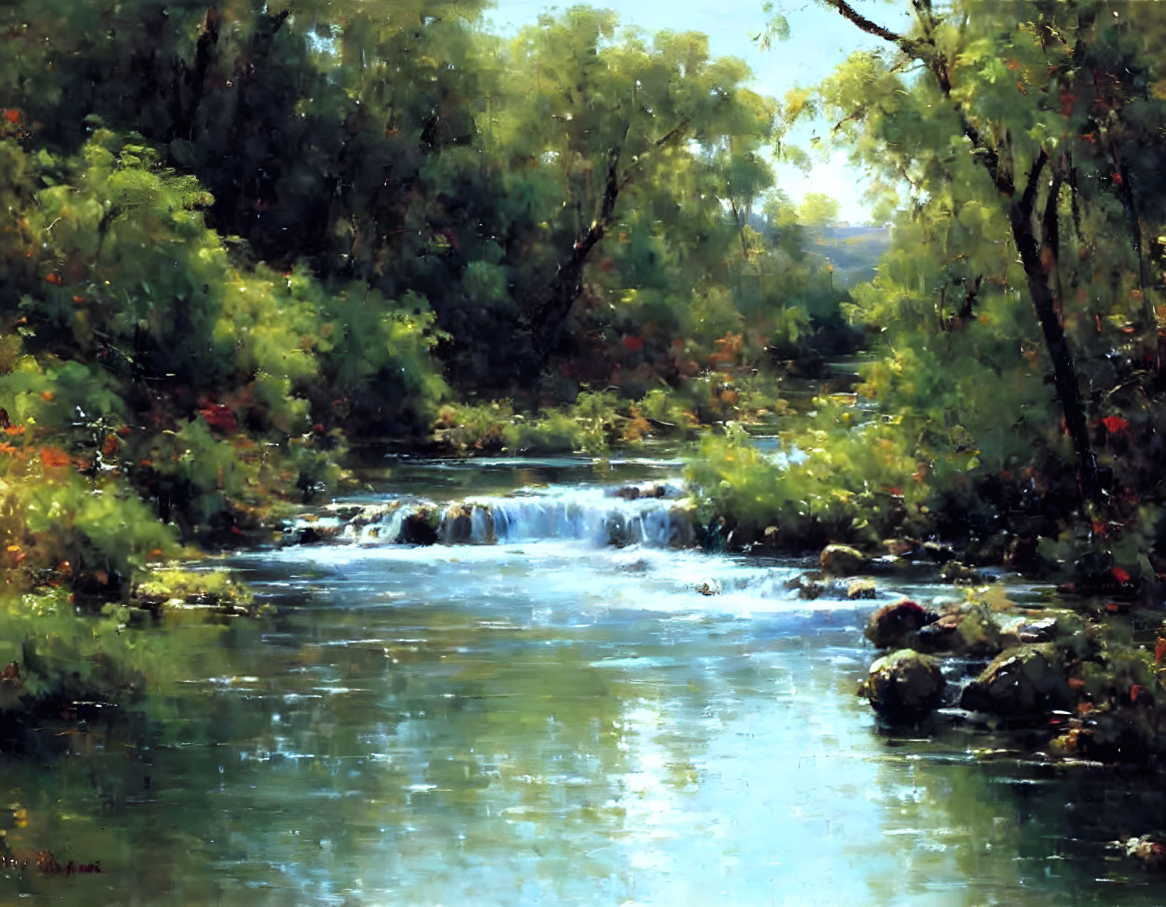 Tranquil river landscape with trees, waterfall, and sunlight reflections