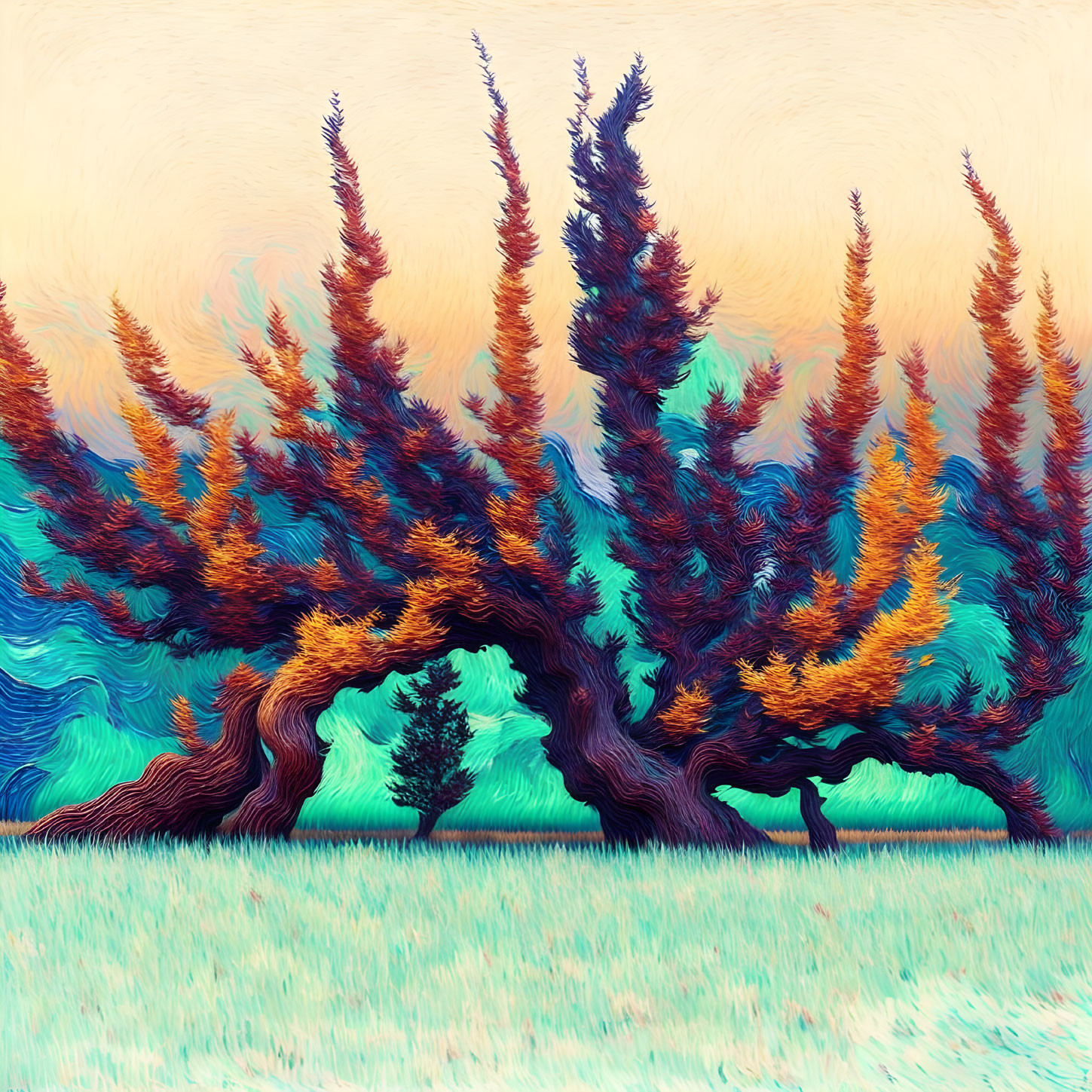 Colorful artwork of twisted trees in orange and blue tones on textured cream background