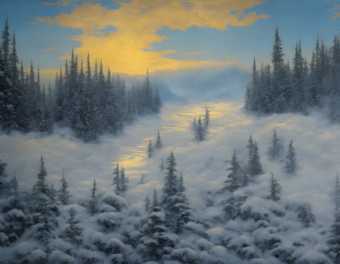 Snow-covered Evergreen Forest in Serene Winter Sunset