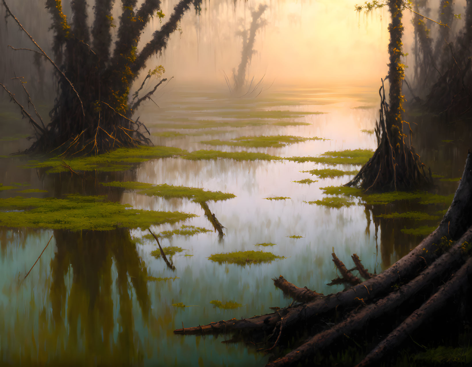 Tranquil swamp landscape with mist, sunlight, reflections, and green plants