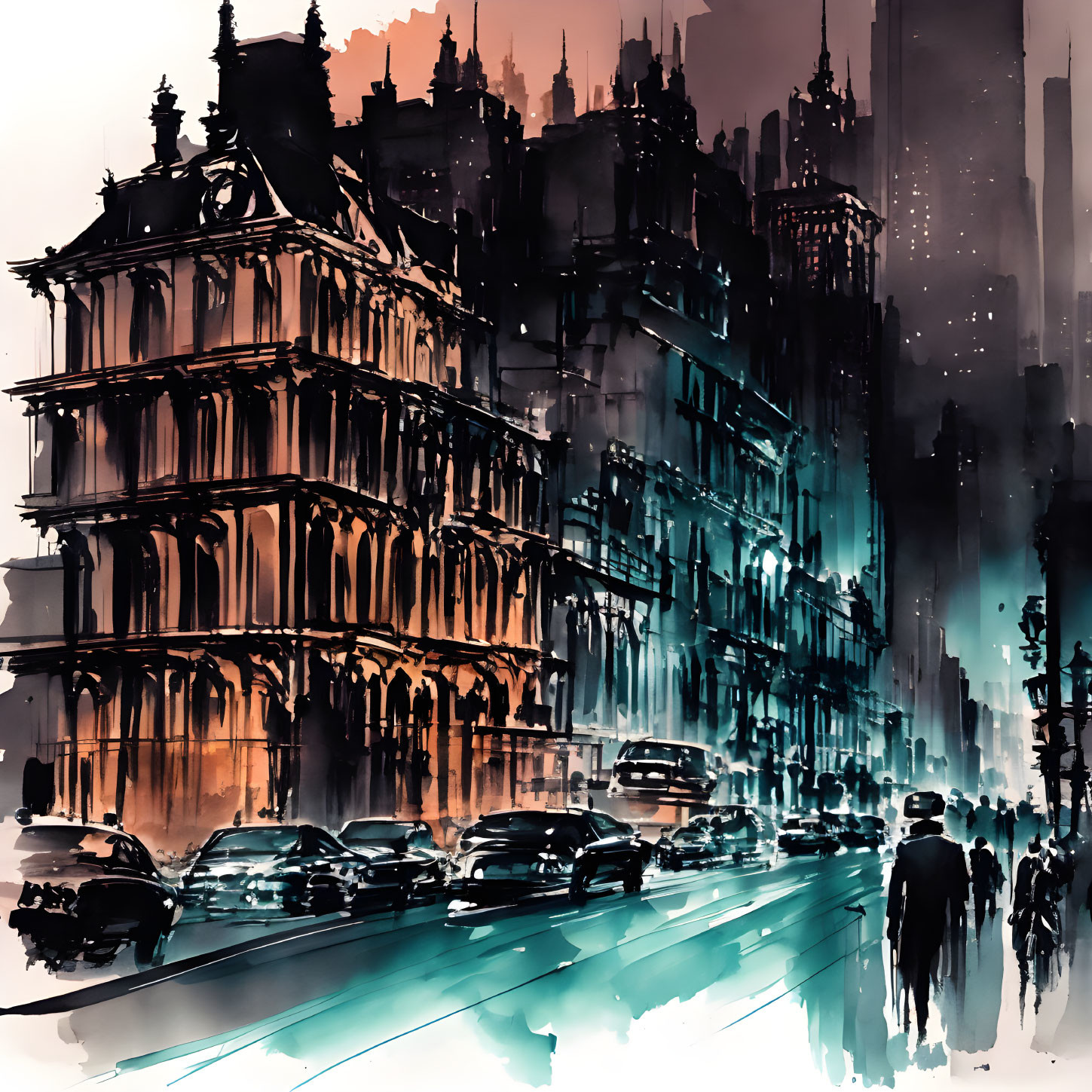 Detailed watercolor cityscape at dusk with silhouetted buildings, traffic, and pedestrians under warm