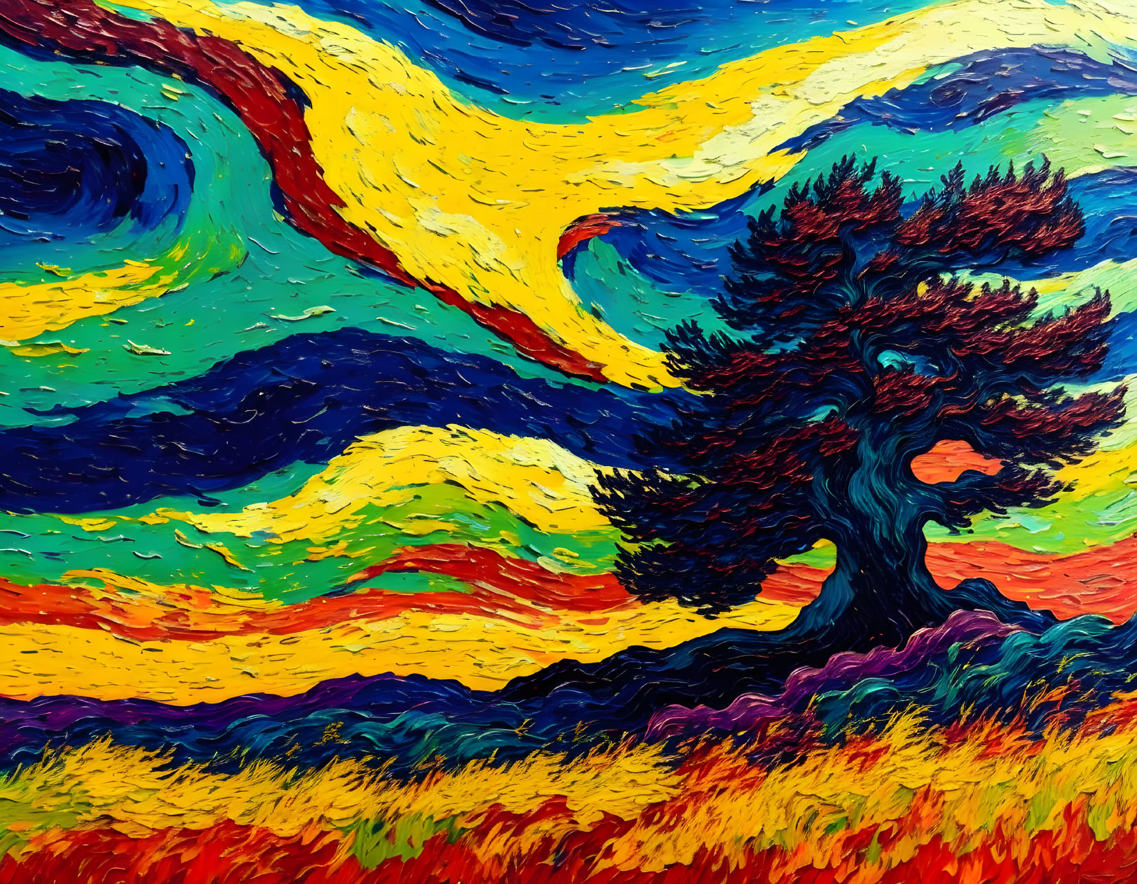 Colorful painting of solitary tree in swirling blue, yellow, and red hues