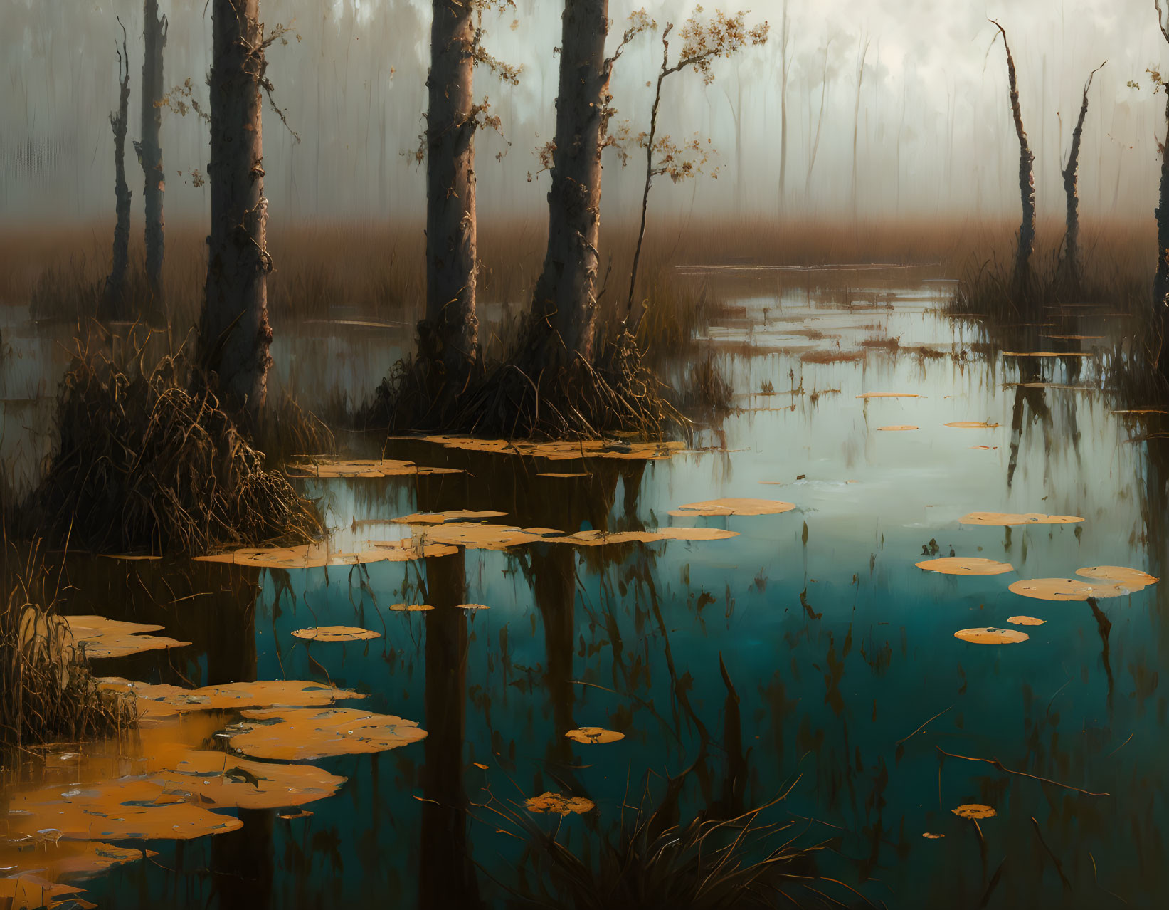 Tranquil Swamp Landscape with Tall Trees and Lily Pads