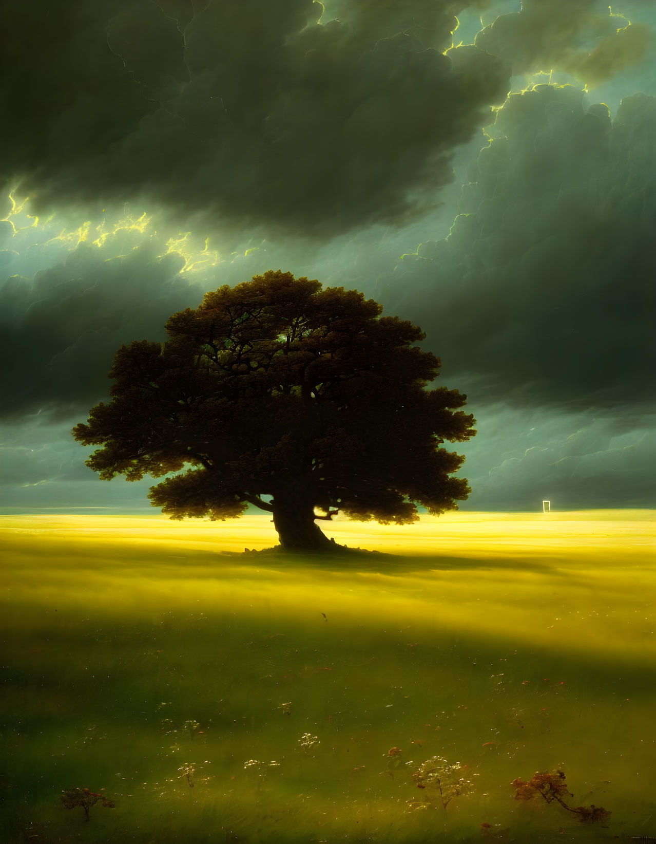 Solitary tree in stormy sky with lightning, golden field, glowing door