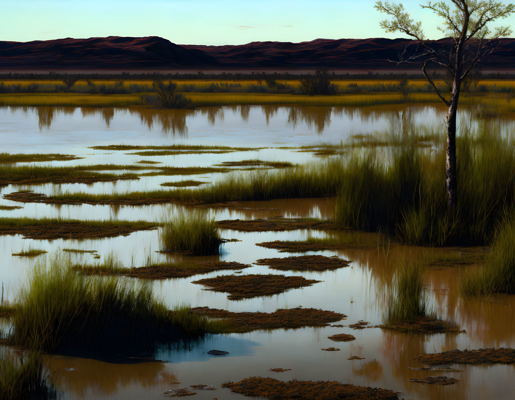 Tranquil wetland scene with grass clusters, calm water, barren trees, and distant red mountains