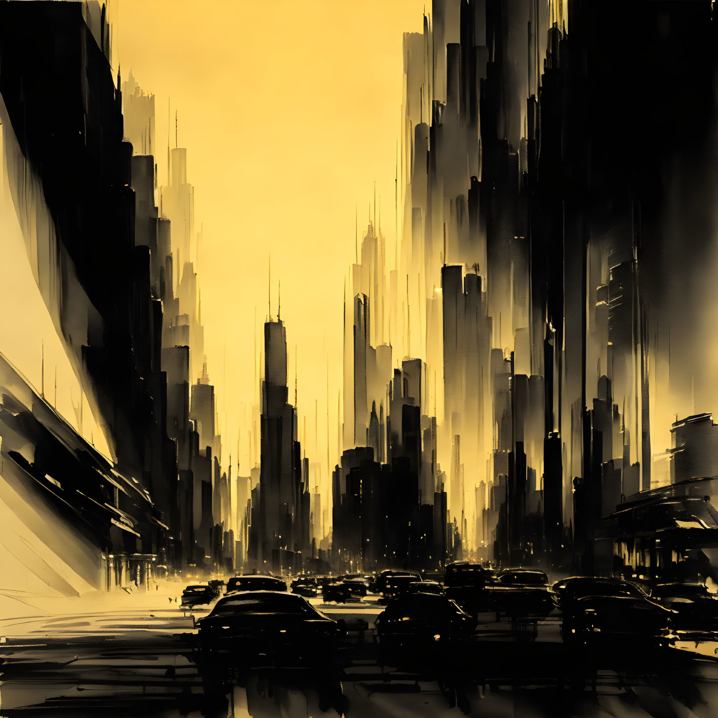 Golden-lit futuristic cityscape with towering skyscrapers and silhouetted cars.