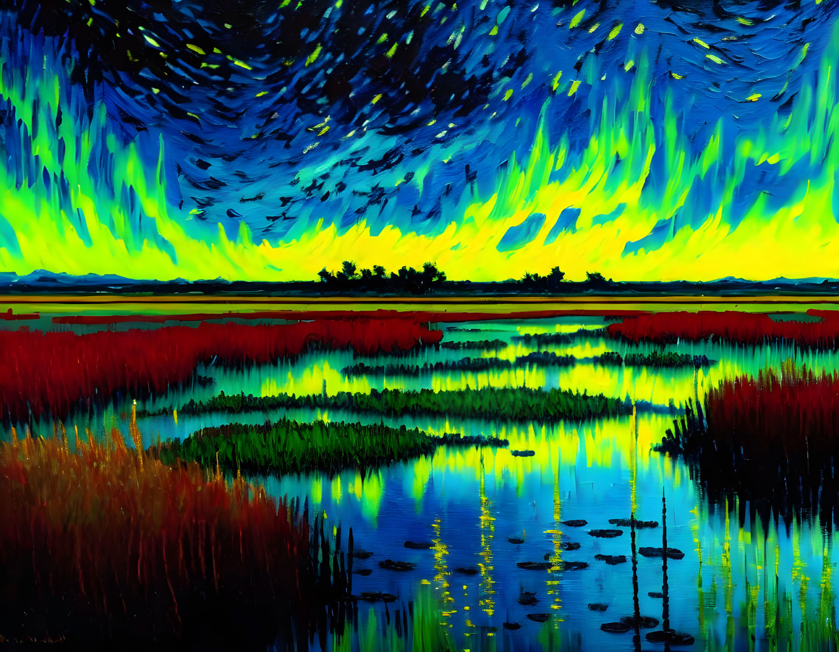 Colorful painting of northern lights over serene lake with lush greenery