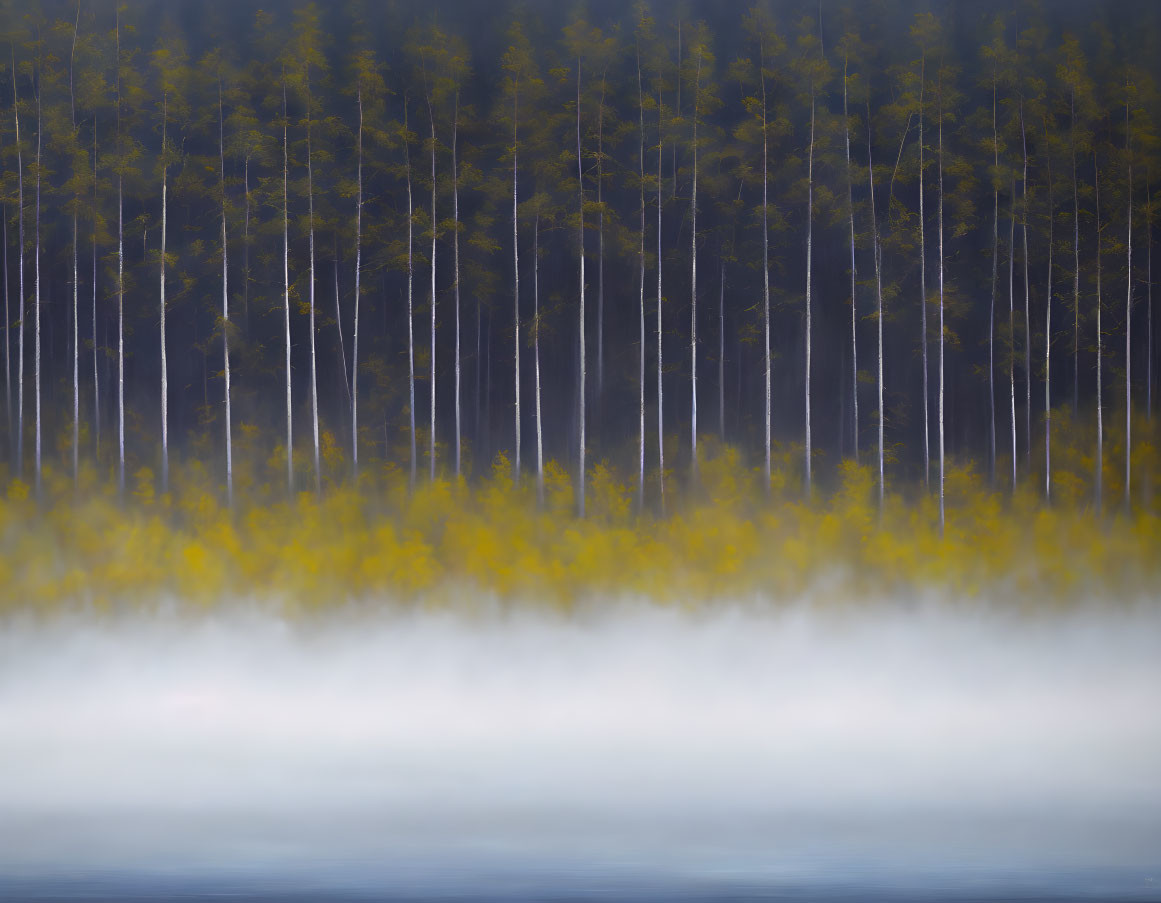 Misty forest with fog layer, tall slender trees, and dense yellow underbrush