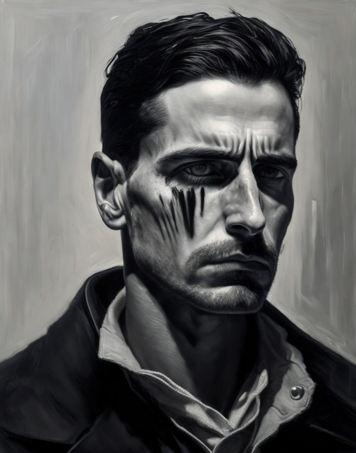 Monochromatic portrait of a solemn man with slicked-back hair and black tear-like streaks