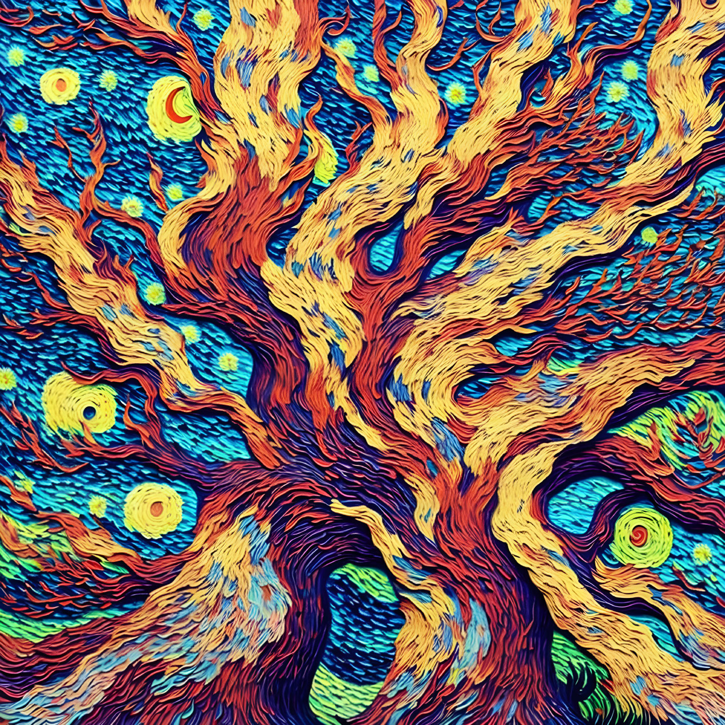 Colorful Swirl-Patterned Tree Painting in Blue and Orange