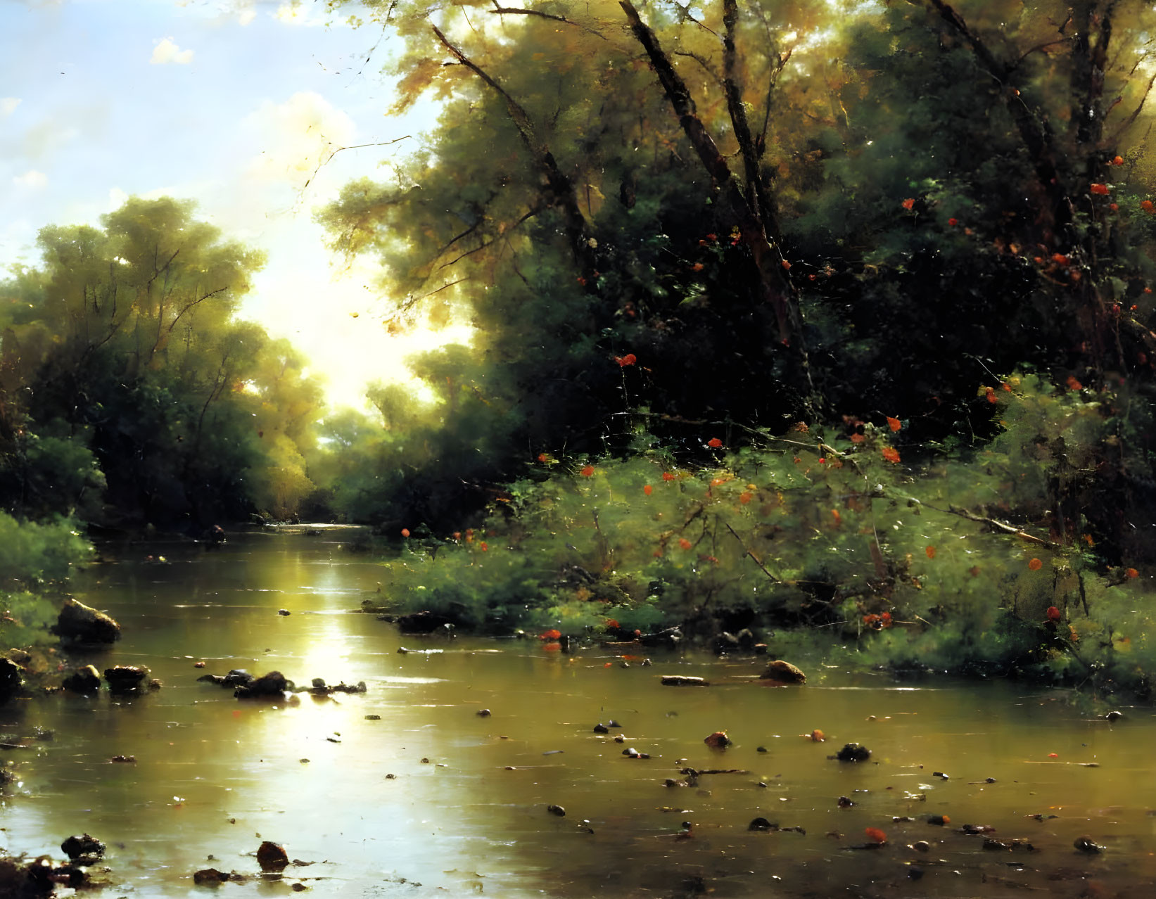 Tranquil Forest Creek Painting with Sunlight and Red Flowers