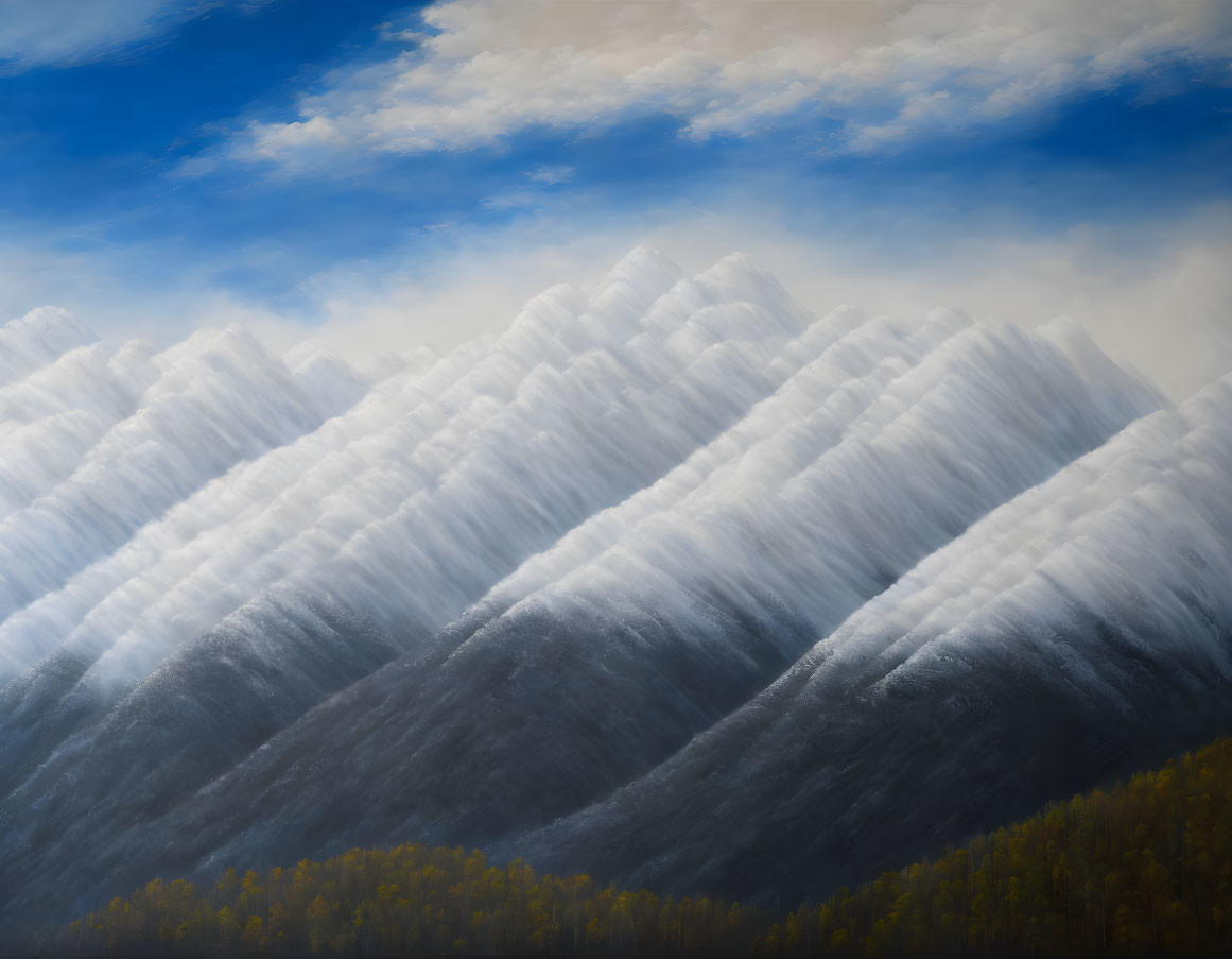 Tranquil painting of snowy mountains and forest under a blue sky