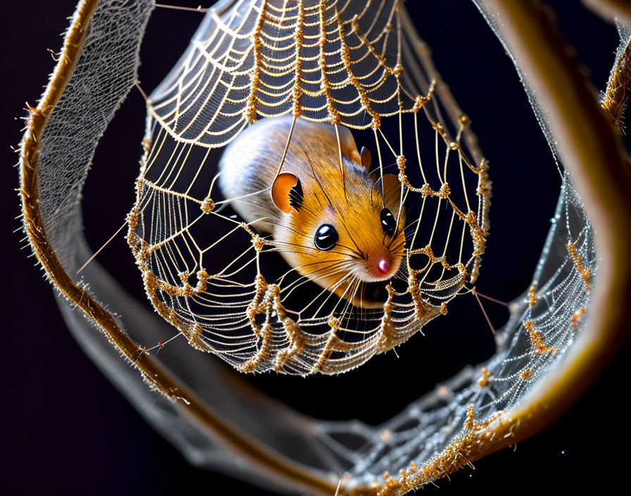 Small mouse with large expressive eyes trapped in dewy web on dark backdrop