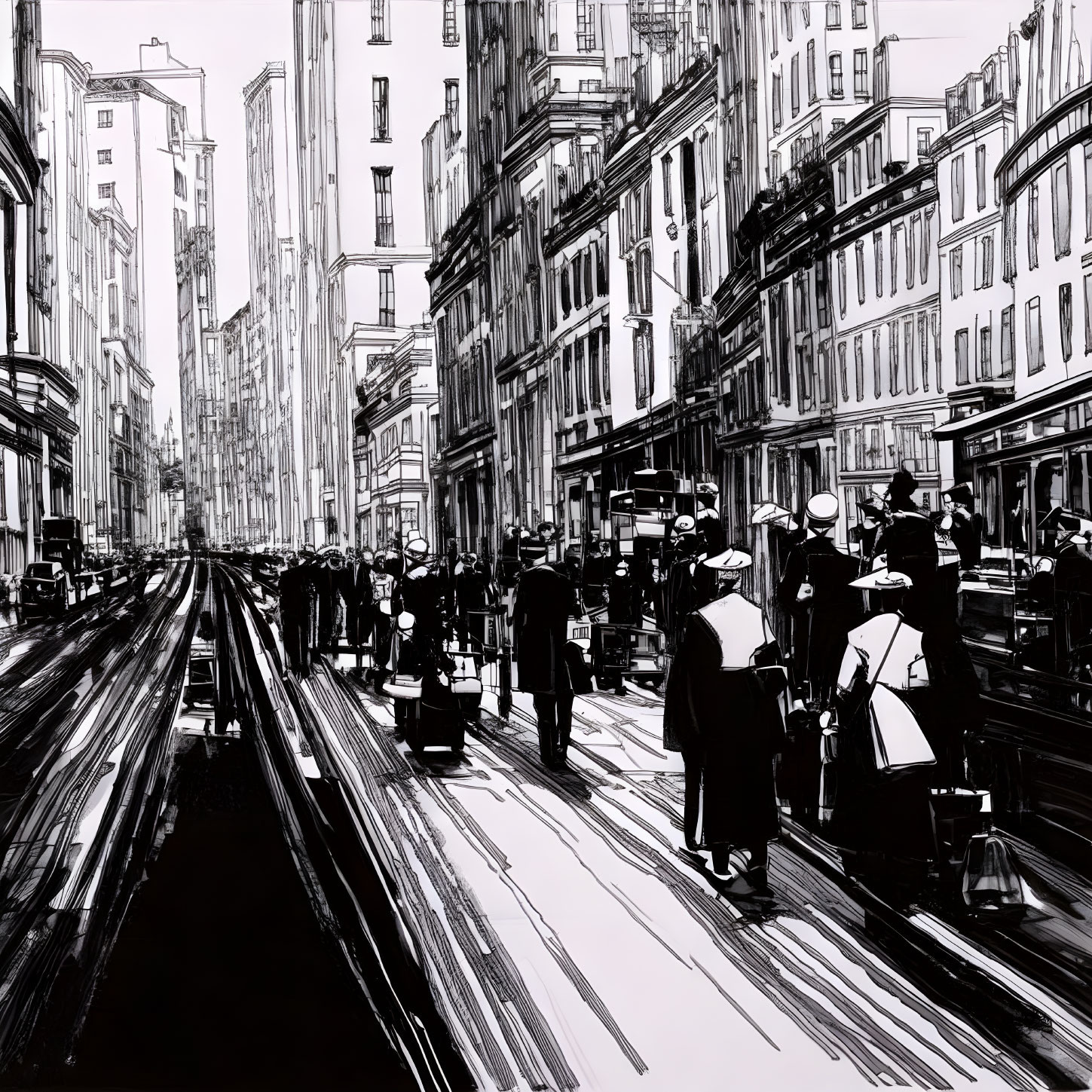 Monochrome cityscape sketch with pedestrians, vintage cars, and tall buildings