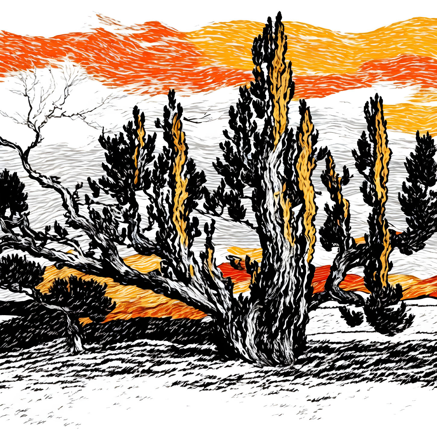 Monochrome desert vegetation sketch with orange and yellow sunset stripes