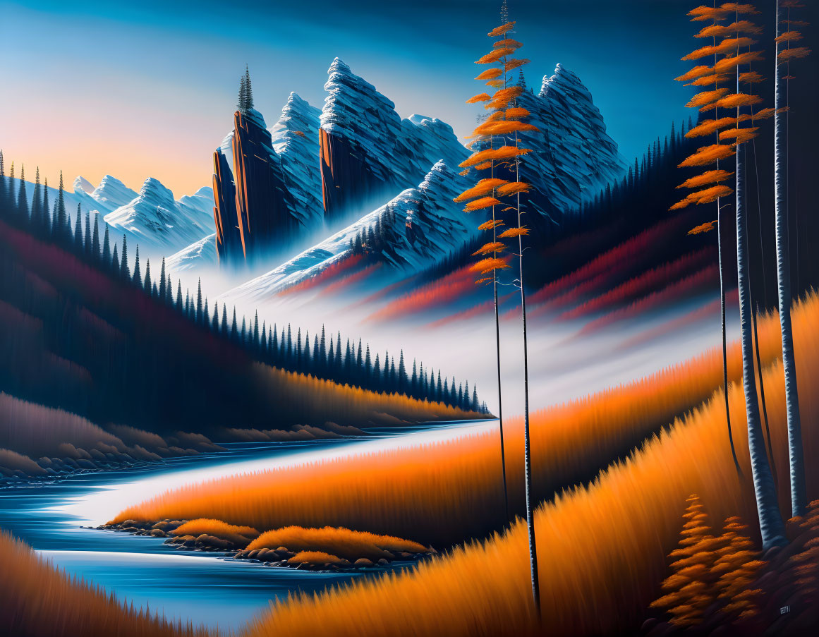 Vibrant landscape with orange foliage, dark evergreens, blue river, snow-capped mountains under