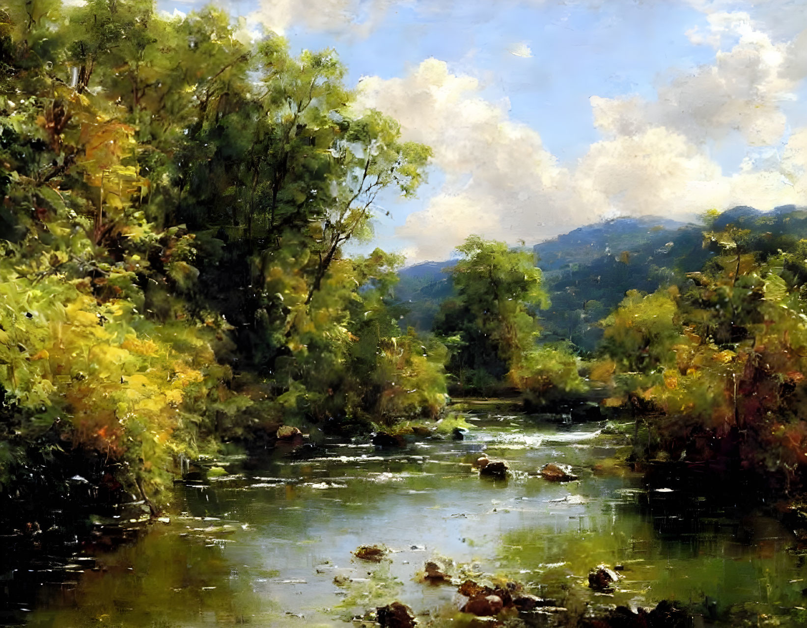 Tranquil landscape painting: meandering river, lush greenery, cloudy sky