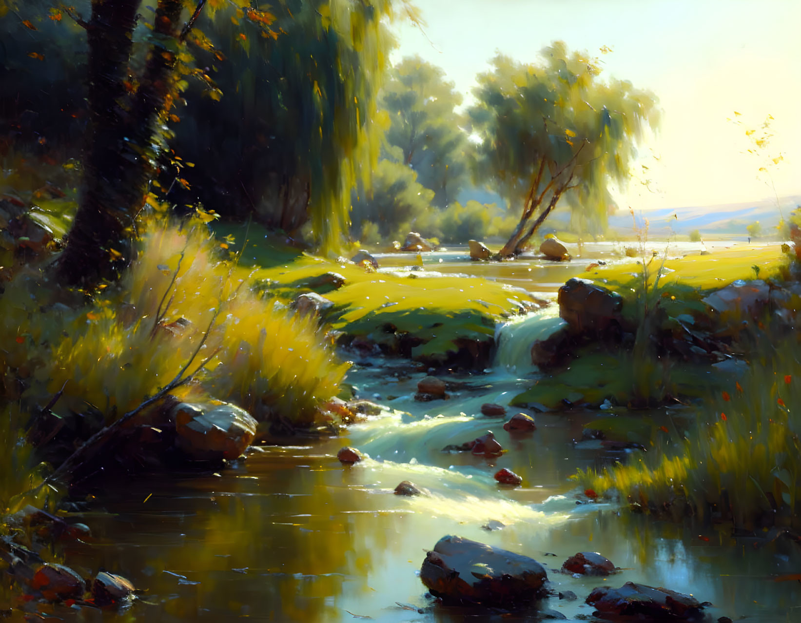 Tranquil stream in lush green landscape with sunlight filtering through trees