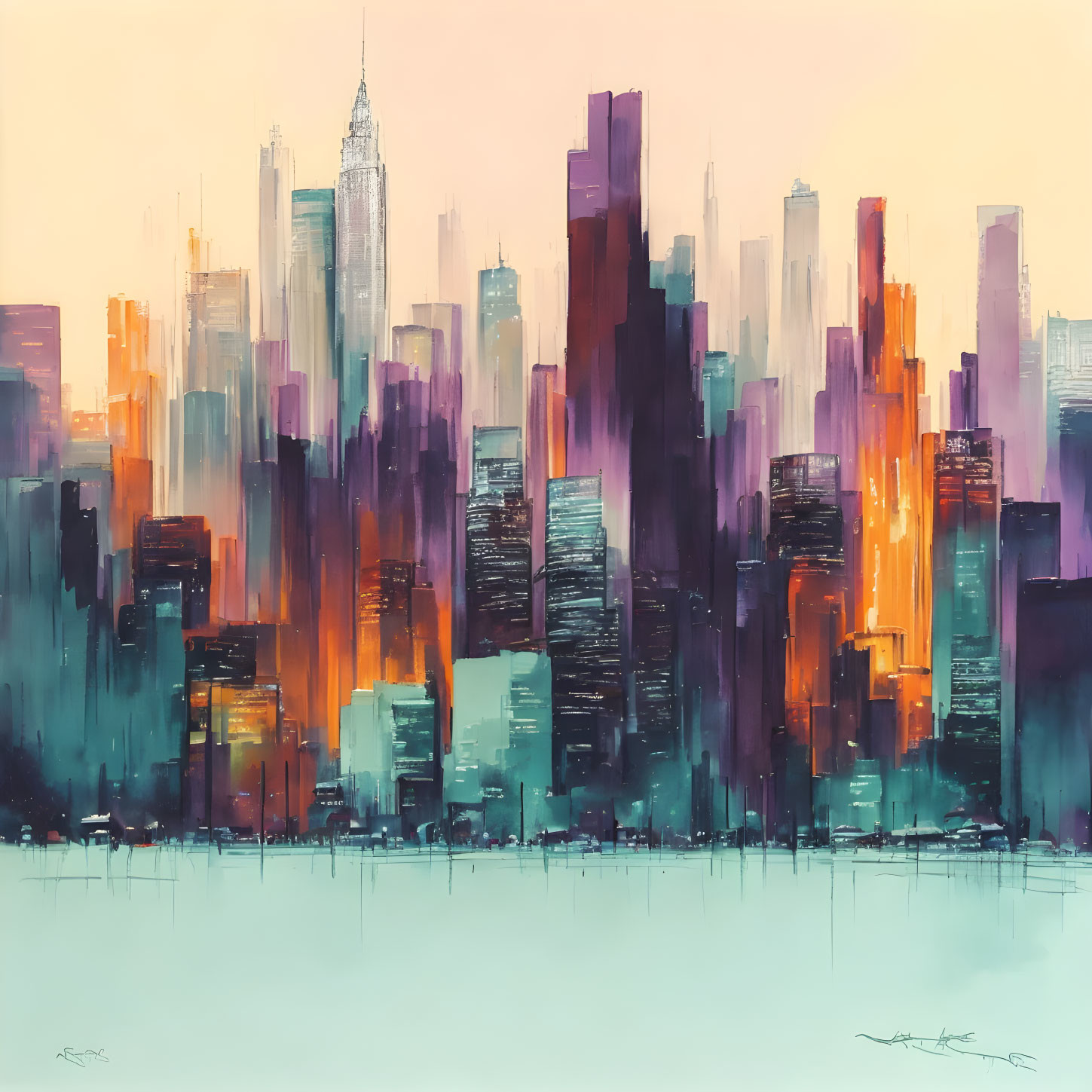 Vibrant abstract city skyline painting with pastel backdrop