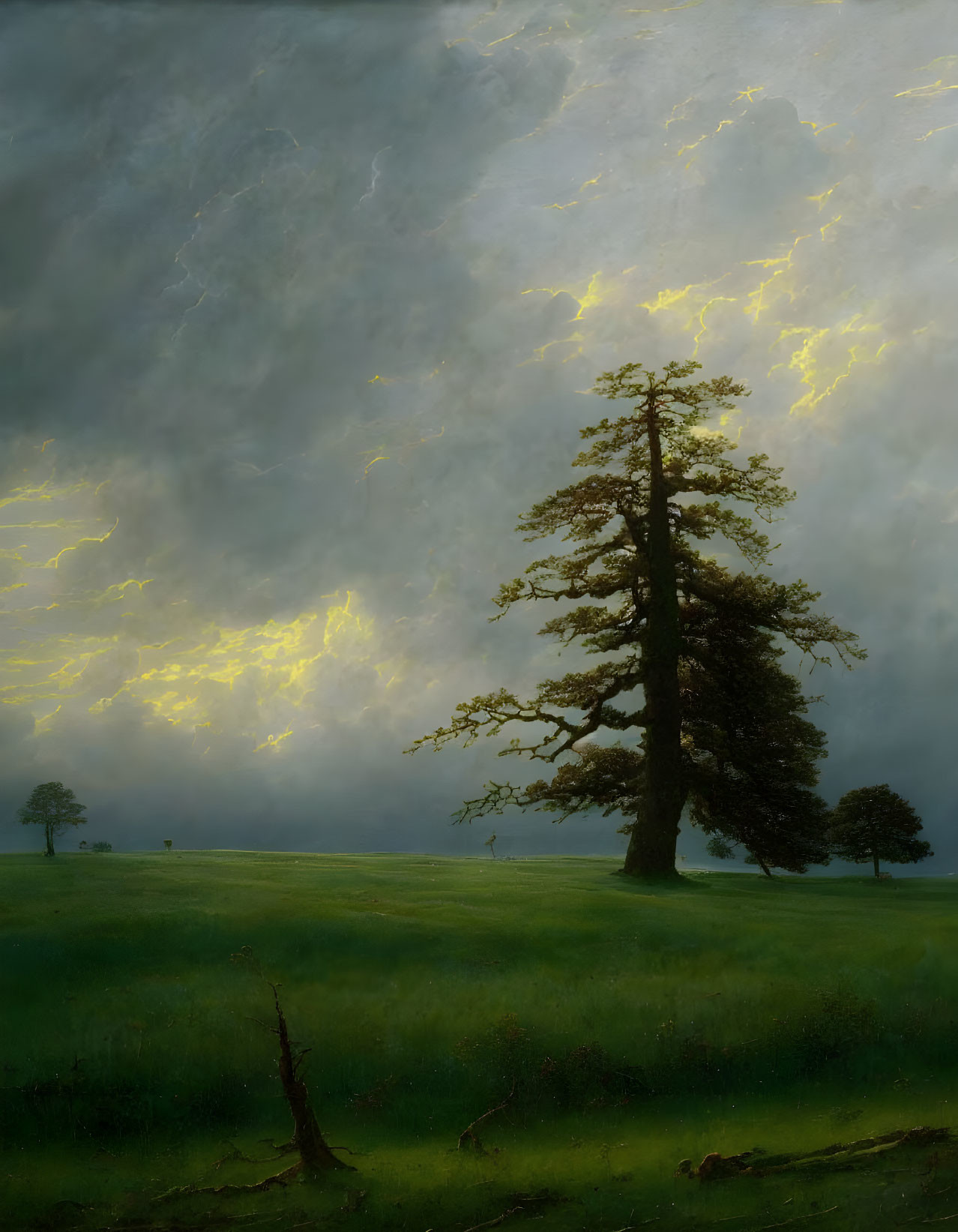 Towering tree against dramatic sky with sun rays over lush meadow