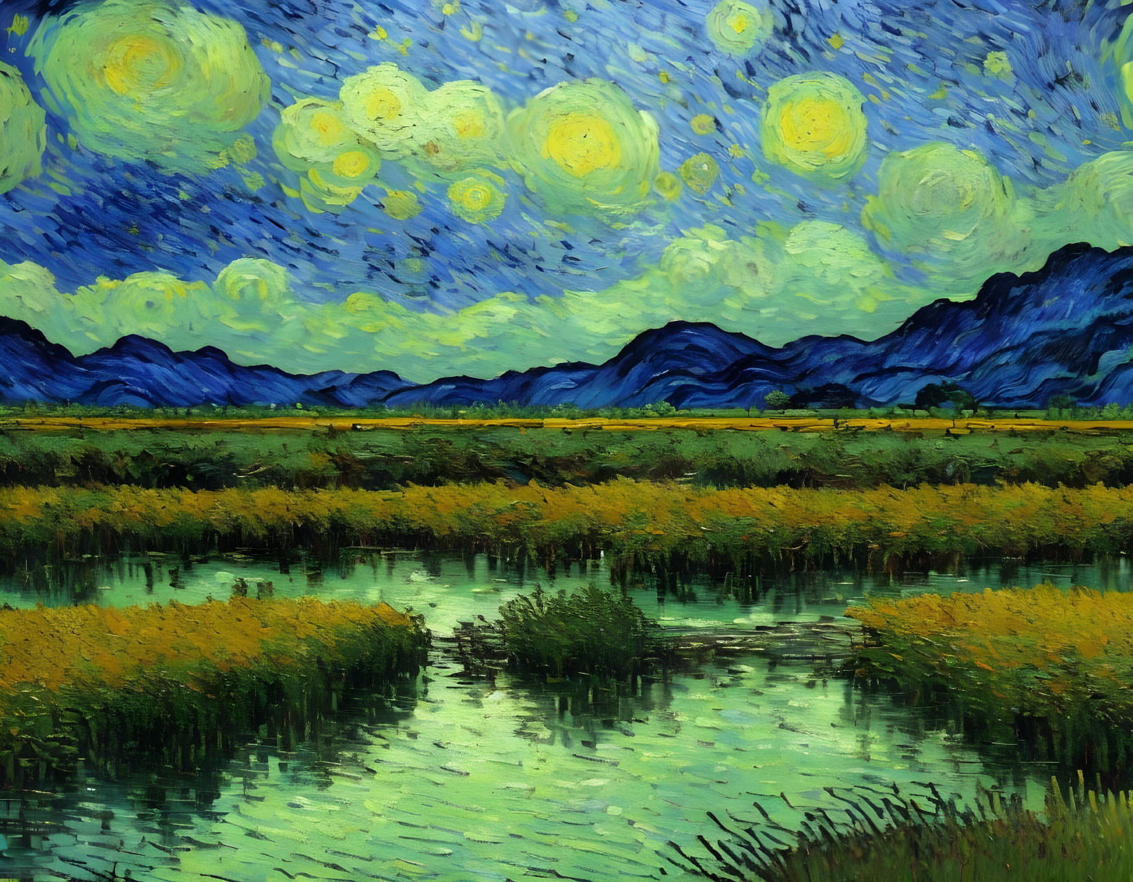 Vibrant Impressionist-style landscape painting with river, starry sky, and mountains