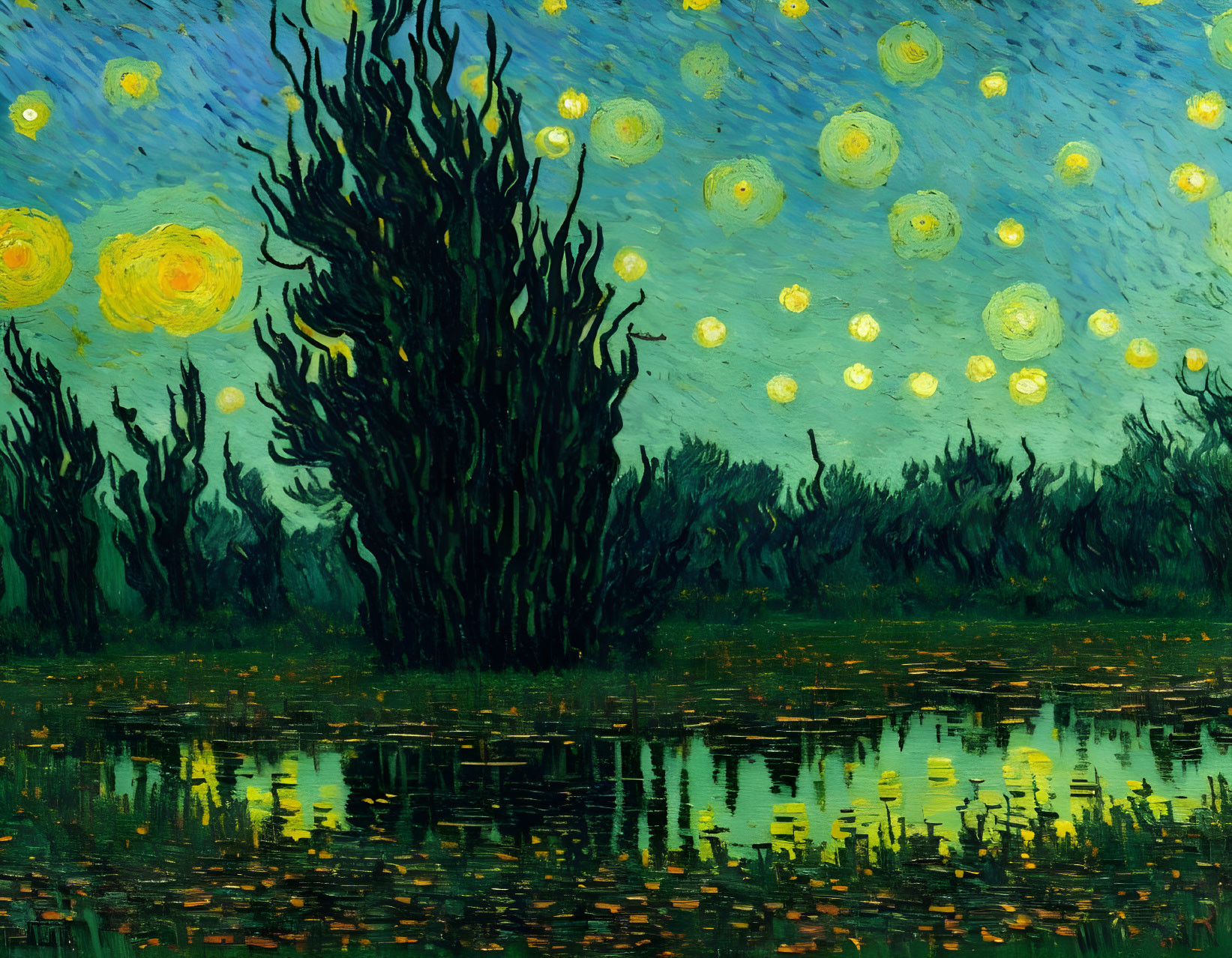 Nighttime landscape with swirling yellow stars, cypress trees, and tranquil water reflections