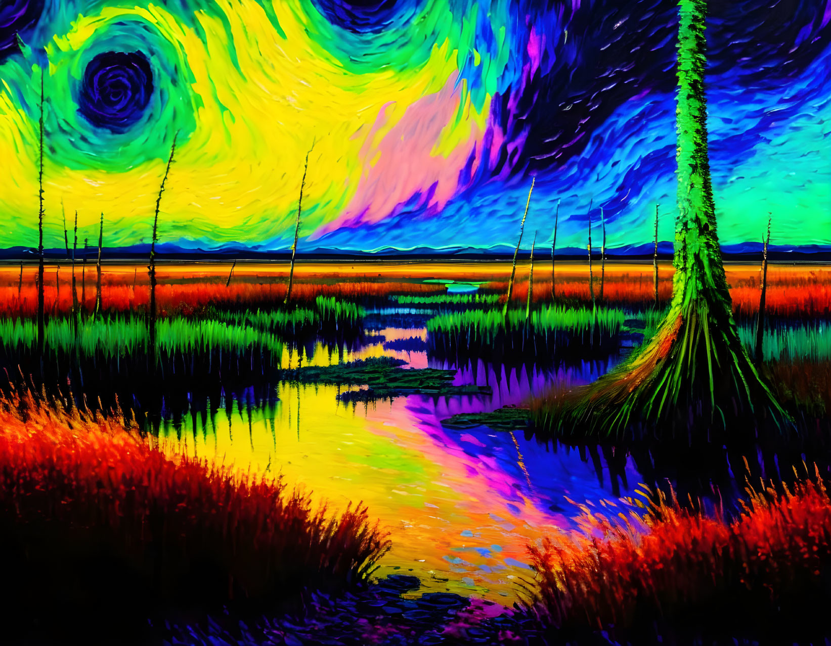 Colorful landscape with starry sky, swirling clouds, river, and trees