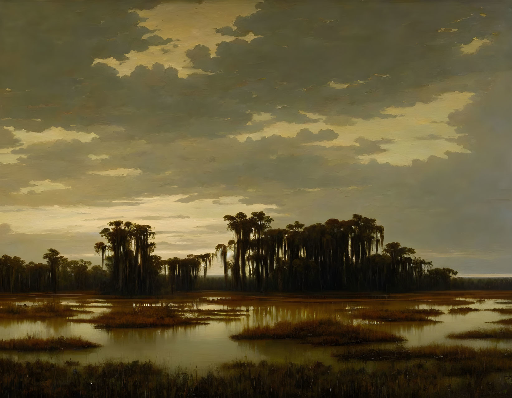Tranquil swamp painting at dusk with tall trees and cloudy sky