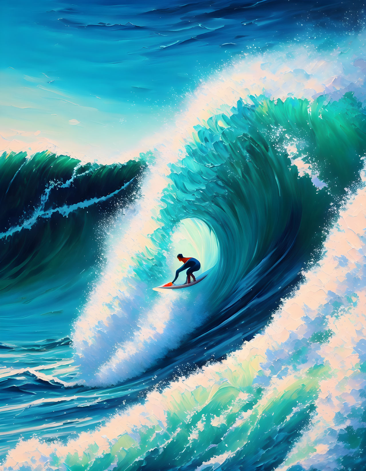 Detailed Blue Wave Surfing Scene: Surfer on Towering Wave