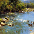 Tranquil river scene with lush greenery and clear blue sky