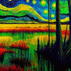 Expressionist painting of swirling night sky over landscape with stars, cypress trees.